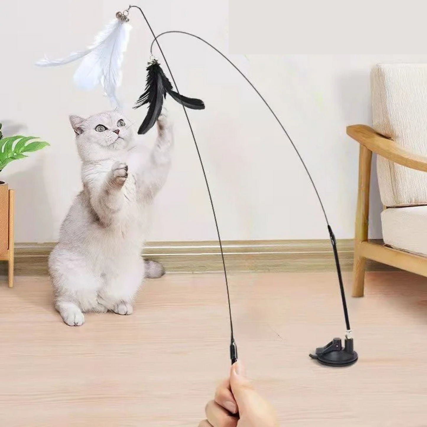PouncePlay™ Hands-Free Cat Wand – Suction Cup Teaser Toy with Feathers & Bird